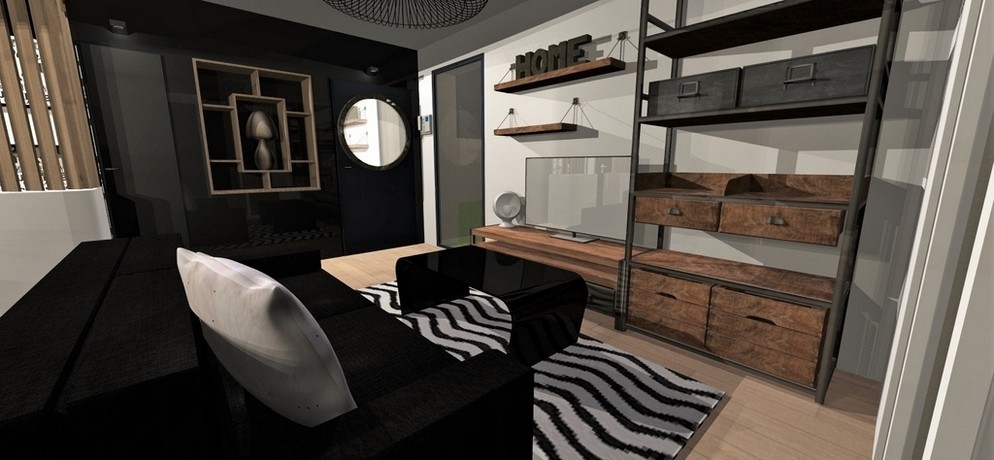 Amenagement et decoration toulouse 005 decorarion interieur atelier helen b projet deco 3D salon entree design industriel noir bois