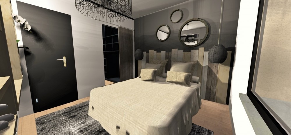 Amenagement et decoration toulouse 006 projet deco 3D chambre tete de lit bois recup industriel noir design dressing