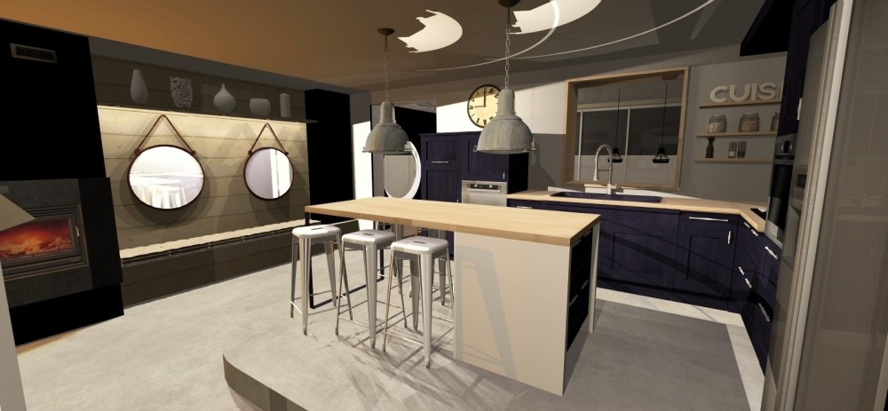 Amenagement et decoration toulouse 007 projet 3D renovation agencement cuisine design industriel bois miroir cabine chemine