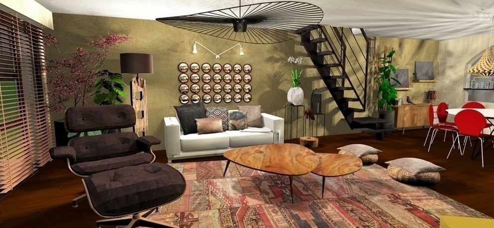 Amenagement et decoration toulouse 007 decoration interieur atelier helen b projet deco 3D salon design vintage lounge feng shui nature zen eames vertigo kilim